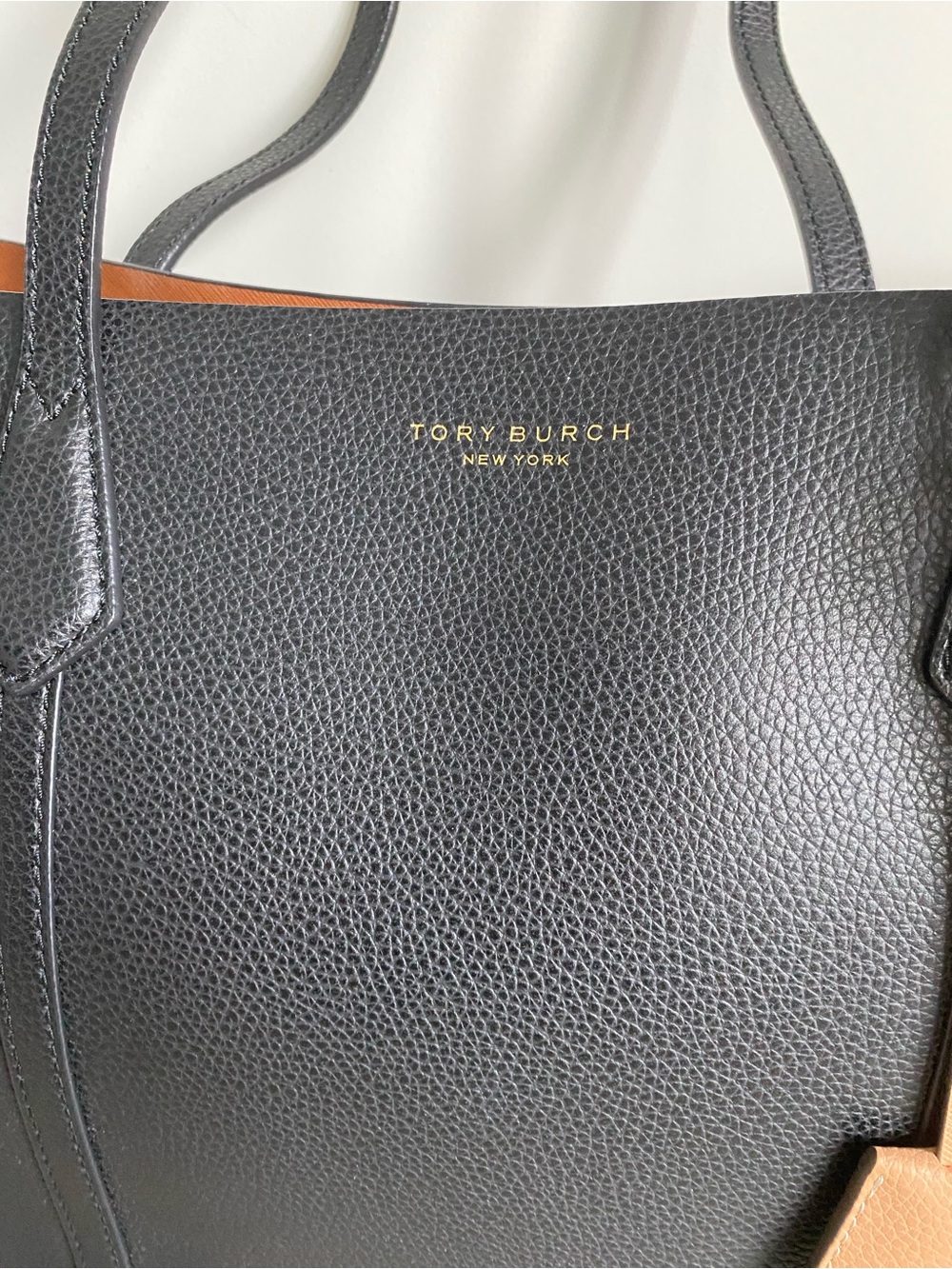 Tory Burch Perry Women's Triple-Compartment Tote Black Pebbled Leather Tan - Picture 2 of 10